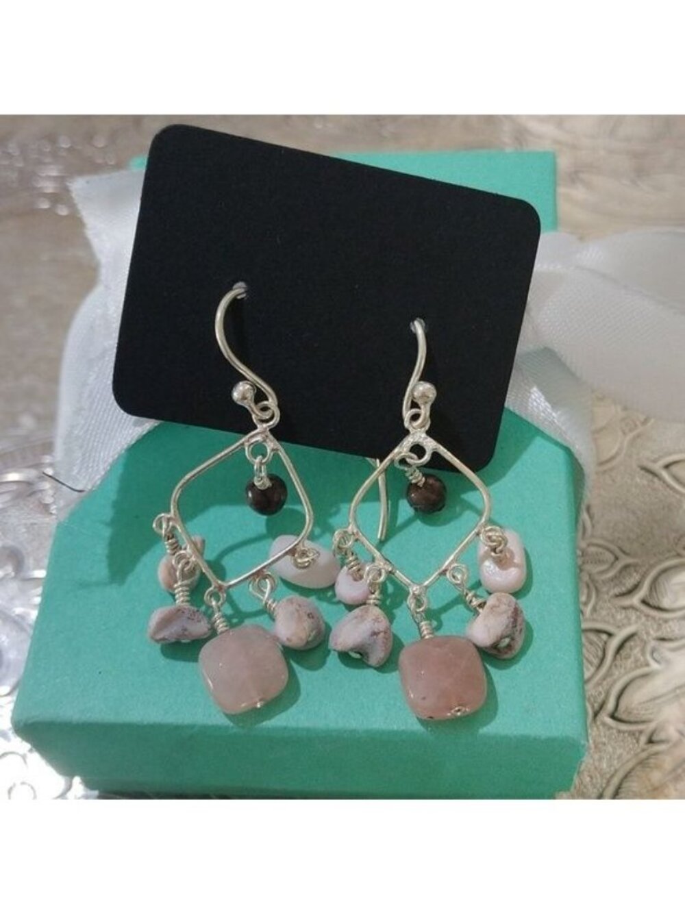 Artisan Sterling Silver+ Rose Quartz Chandelier Earrings on Long French Hooks - Picture 1 of 4